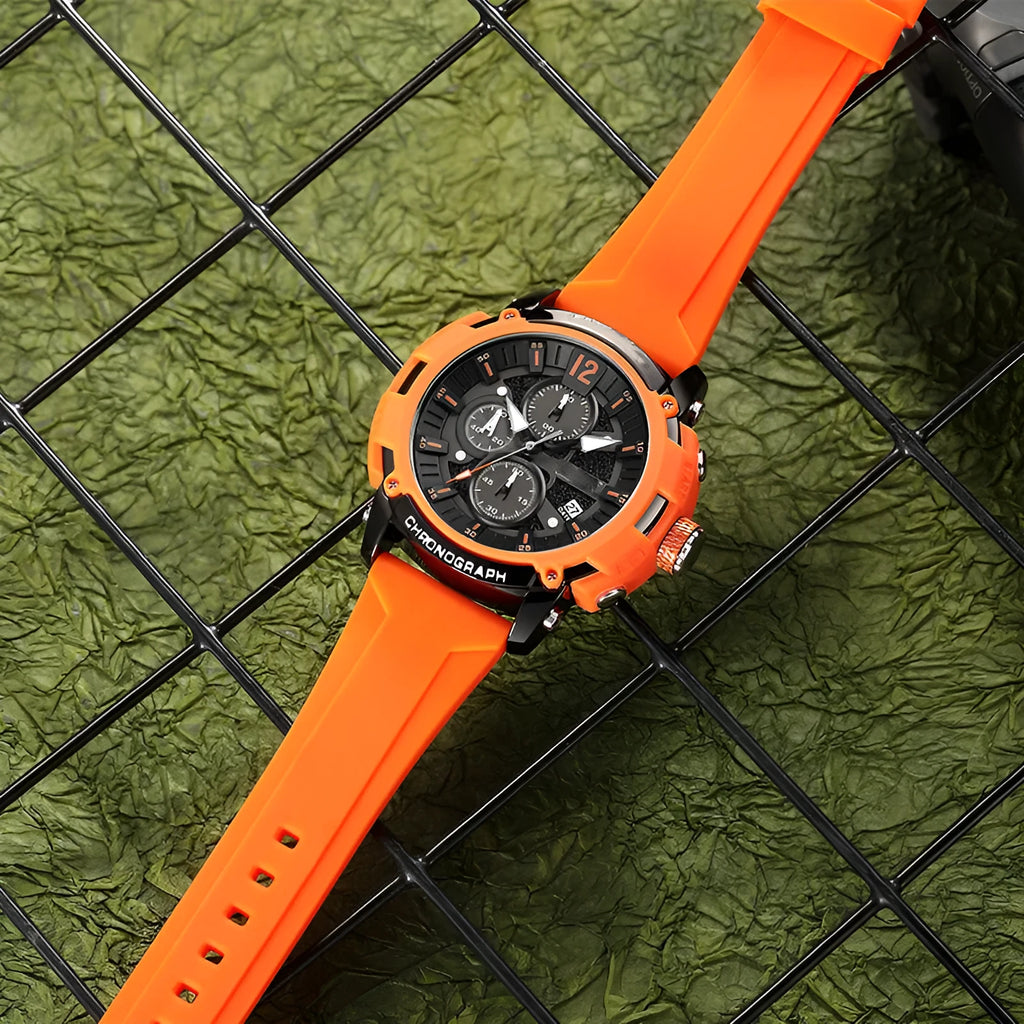 Men's black waterproof watch with luminous display and calendar on a 24mm wide band