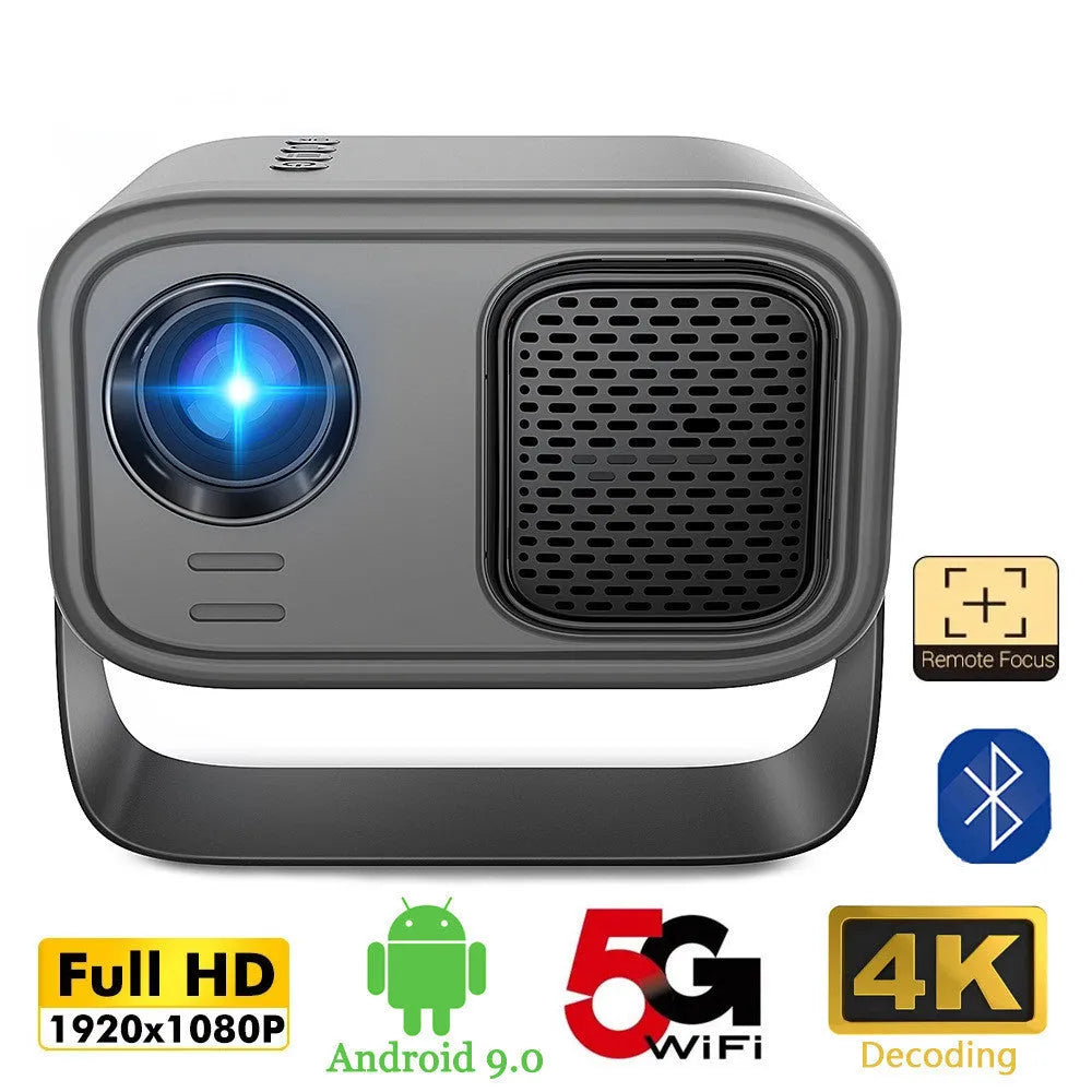 Black portable smart projector with remote control showing 720p HD resolution and Android system