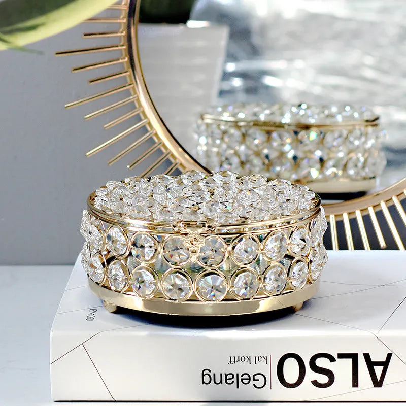 French gold jewellery storage box with crystal glass transparent lid European style design