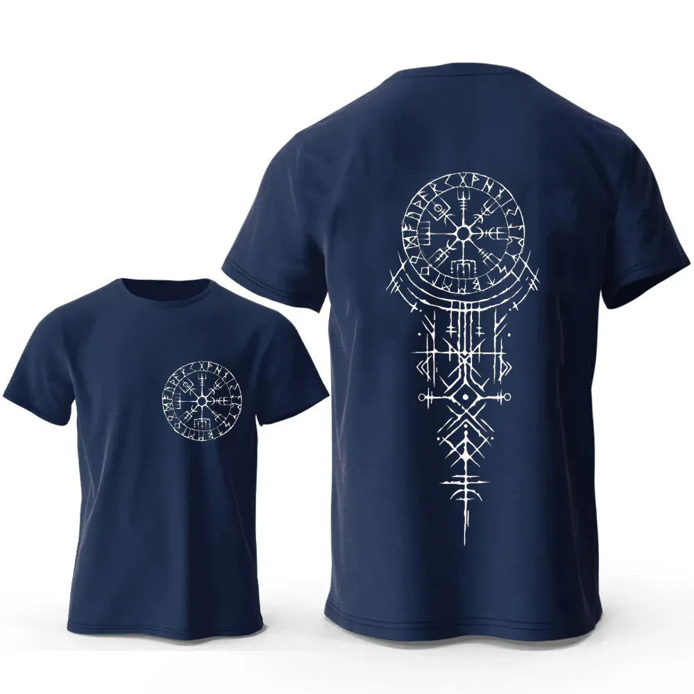 Men's grey t-shirt with a detailed Viking rune compass graphic printed on the chest.