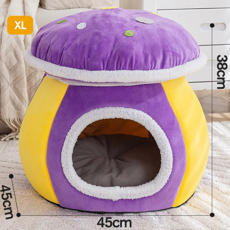 Grey mushroom-shaped plush cat bed with a detachable design and included blanket.