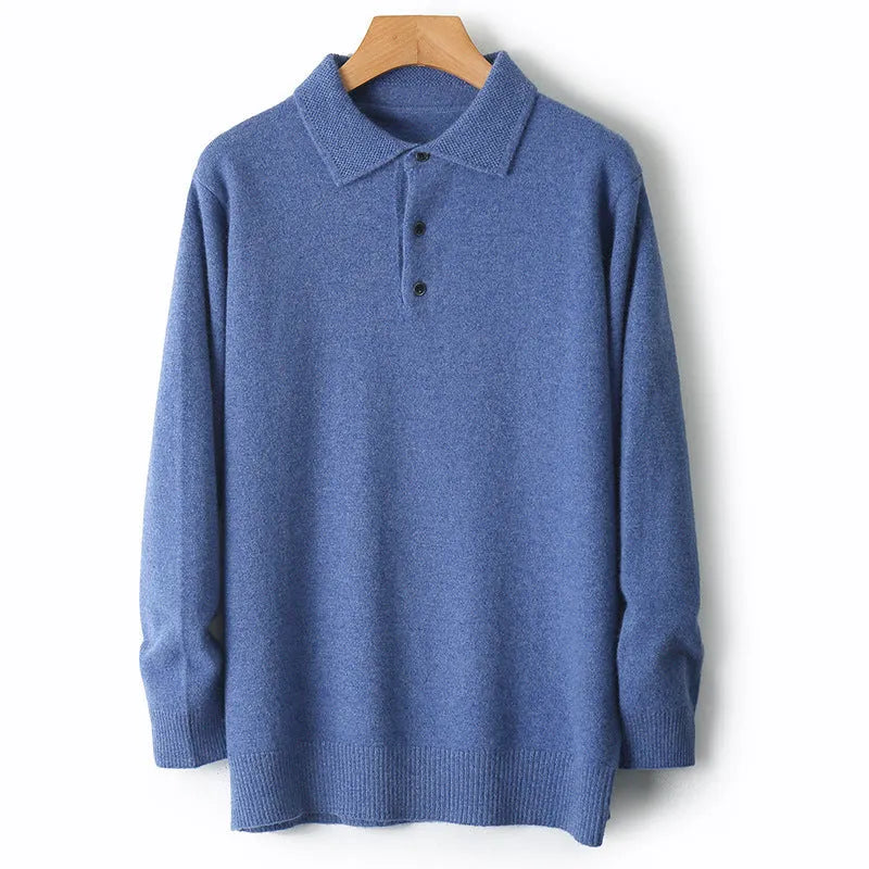 Men's grey wool pullover sweater with a polo collar and long sleeves, showing textured collage stitching.