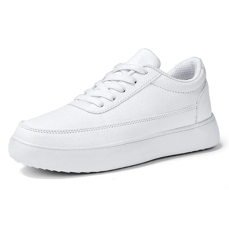Women's white leather casual flat lace-up shoes on a light background, showing the front and side profile.