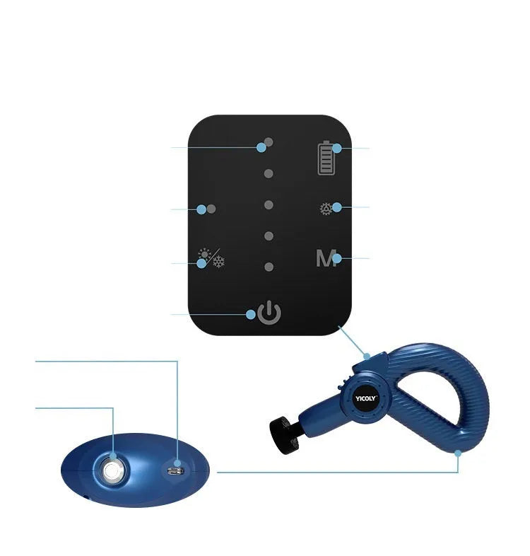 Black intelligent muscle massage gun with adjustable angle, five massage heads, and a storage bag.
