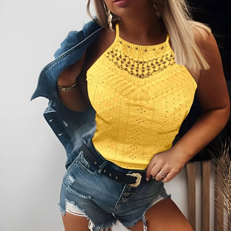 Women's polyester sleeveless solid colour hollow lace halter top on plain background