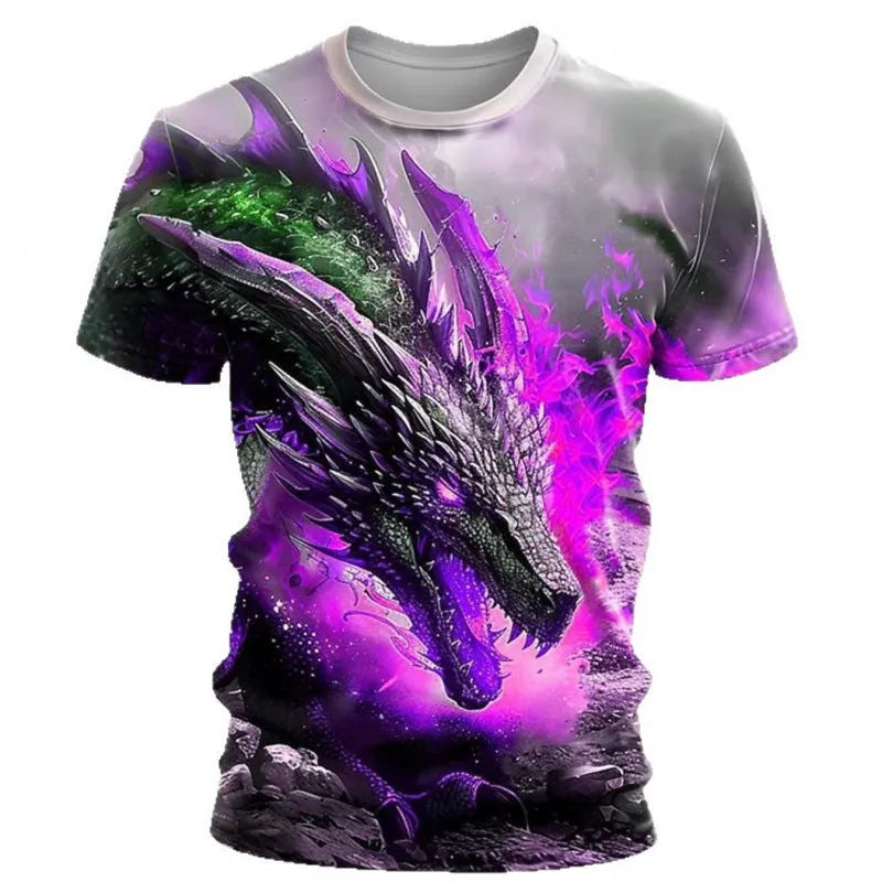 Men's grey casual t-shirt featuring a detailed 3D wind dragon print on the chest, short sleeves.