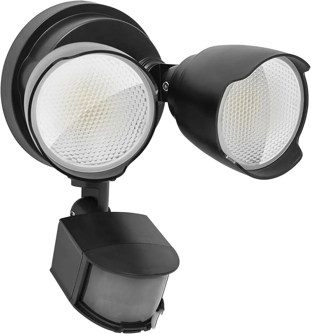 White 120V LED security flood light with motion sensor for outdoor courtyard and garage installation