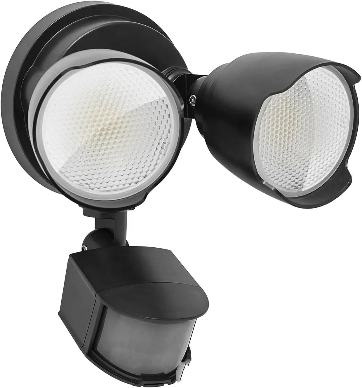 White 120V LED security flood light with motion sensor for outdoor courtyard and garage installation