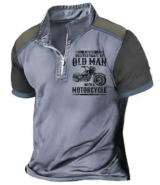 Men's casual polo shirt with digital letter print, lapel collar, and decorative zipper details on short sleeves.