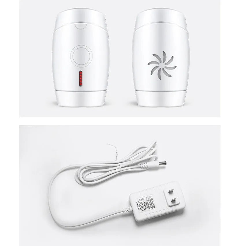 White home laser hair removal device with digital display, shown next to its power adapter and packaging box.