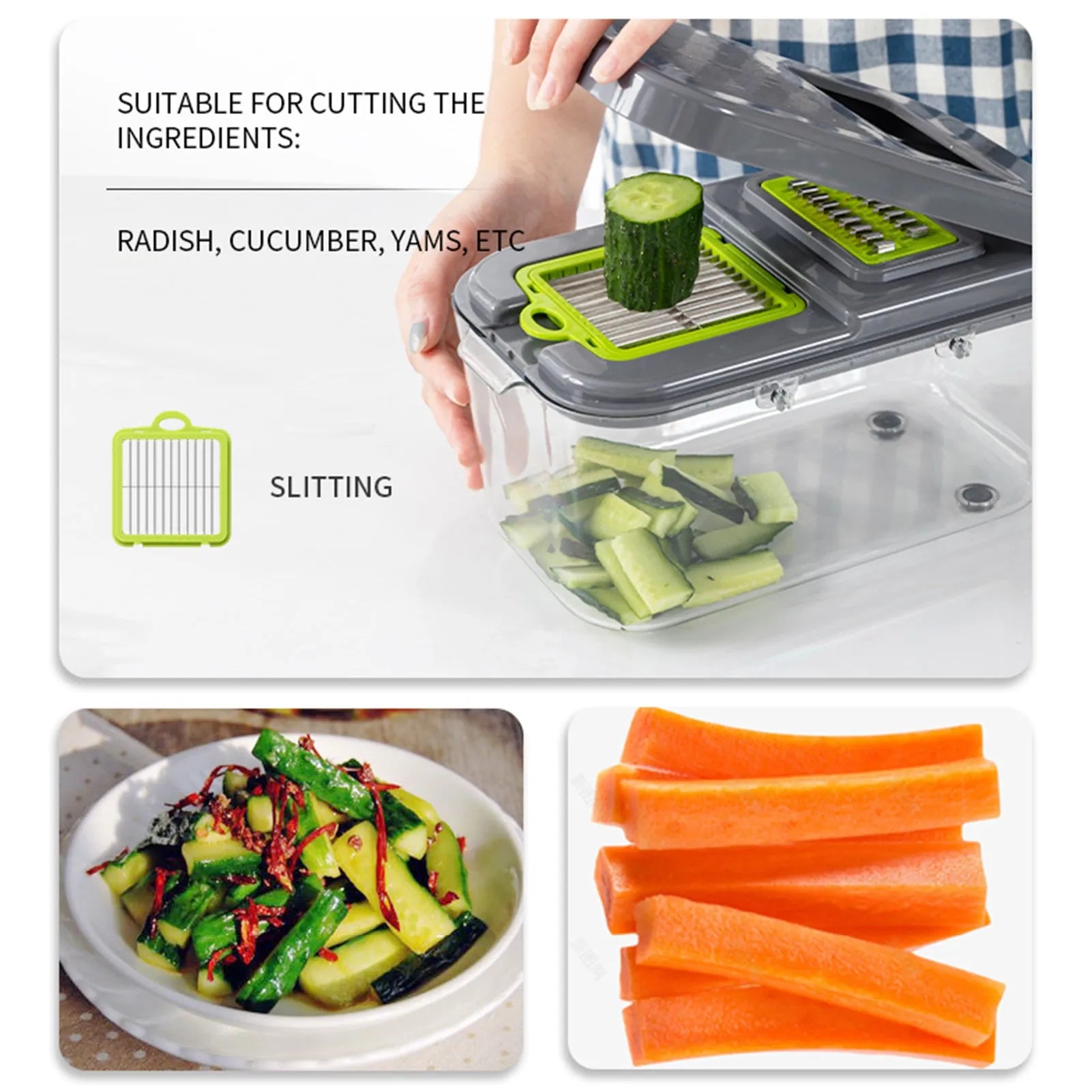 Grey multifunctional vegetable cutter with stainless steel blades, foldable compartments, and a large container on a kitchen counter