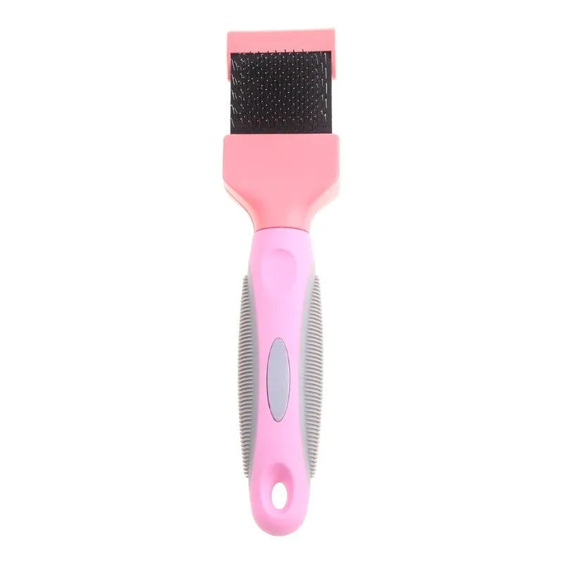 Double-sided pet brush showing stainless steel pins on one side and soft bristles on the other, with blue handle.