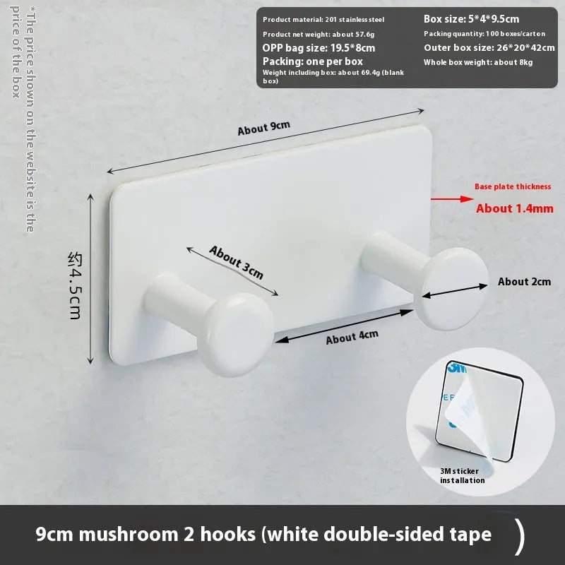 Screwless punch-free wall hook with mushroom hooks for shower doors, white double-sided tape mounting