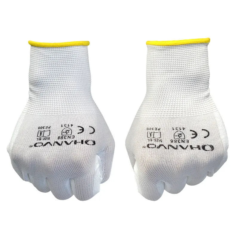 White PU coated work gloves showing 24 cm length with flexible construction