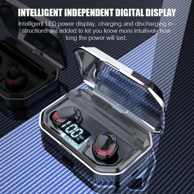 Black X10 Bluetooth wireless headset with its matching charging case on a white background.