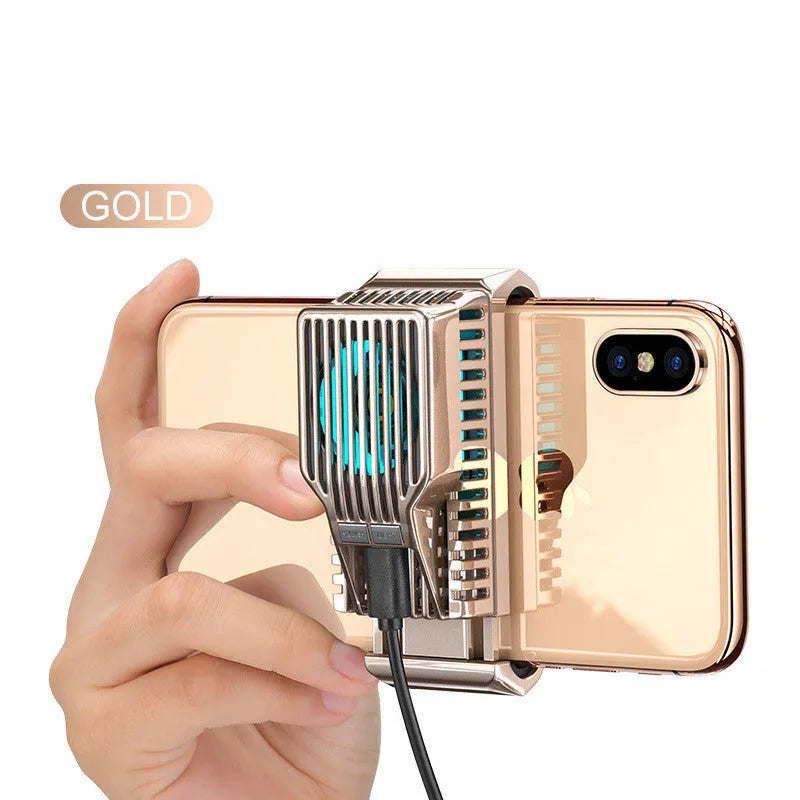 Black mobile phone cooling radiator with aluminium heatsink and clip, shown with USB cable.