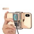 Black mobile phone cooling radiator with aluminium heatsink and clip, shown with USB cable.