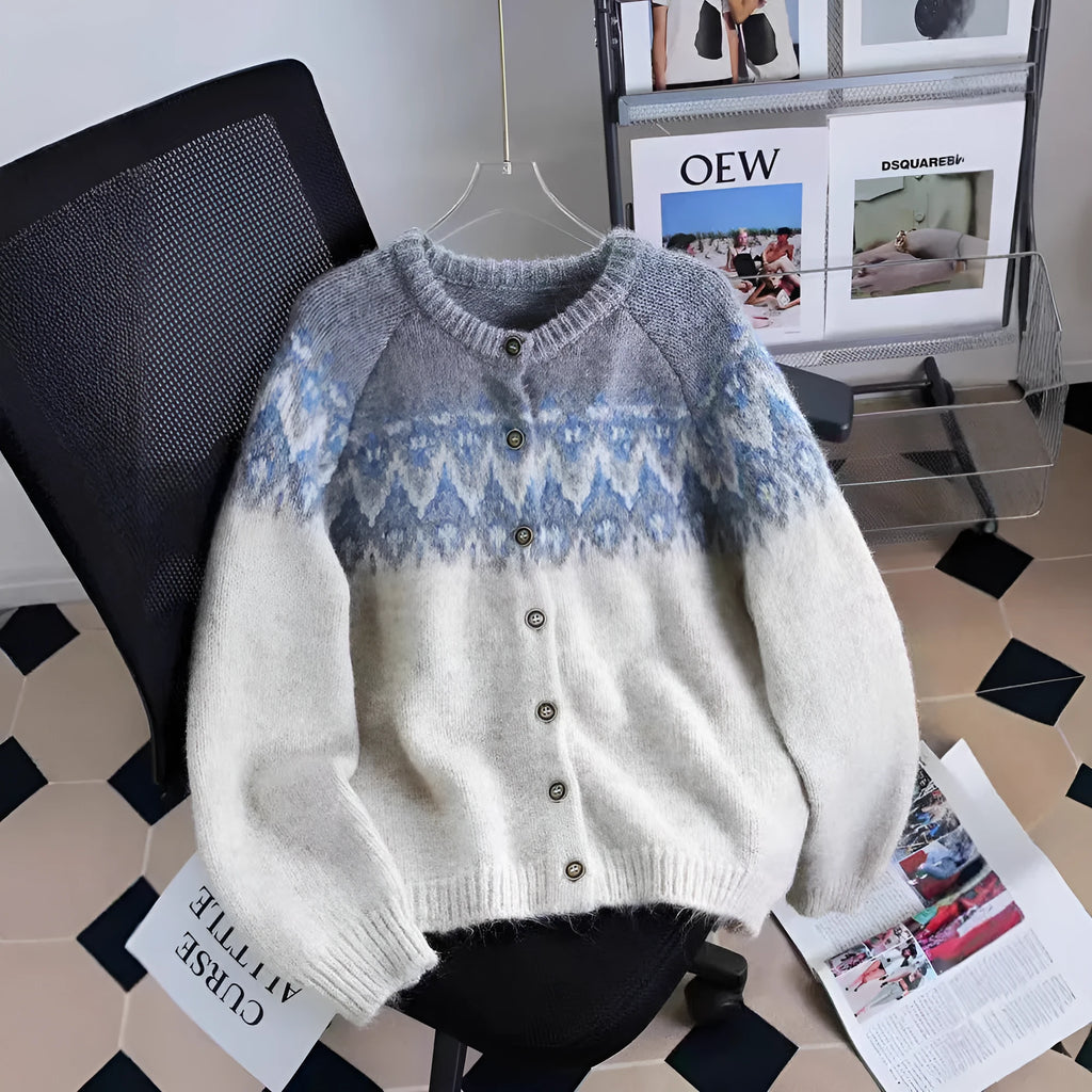 Women's contrast colour jacquard thickened sweater coat in loose fit.