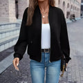 Black women's long sleeve casual zip jacket with a faux pocket detail