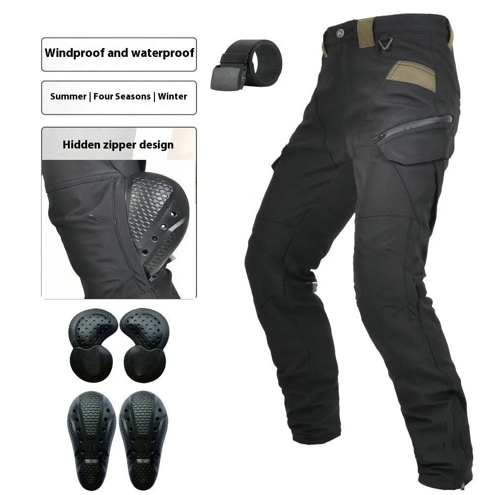 Men's black and green waterproof motorcycle cycling trousers with detachable protective gear set.