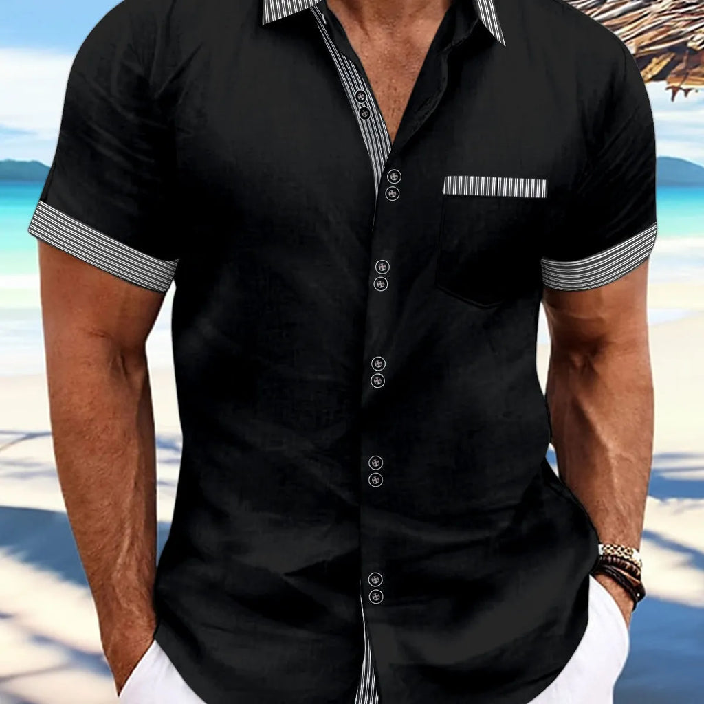 Pure cotton striped casual shirt in slim fit with short sleeves and a double-button front.