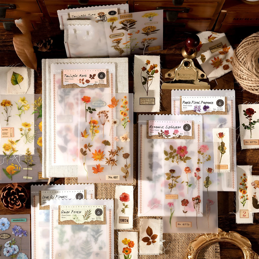Huazhisen Series art sticker label pack showing six floral and forest-themed colour options on 85mm by 180mm sheets.