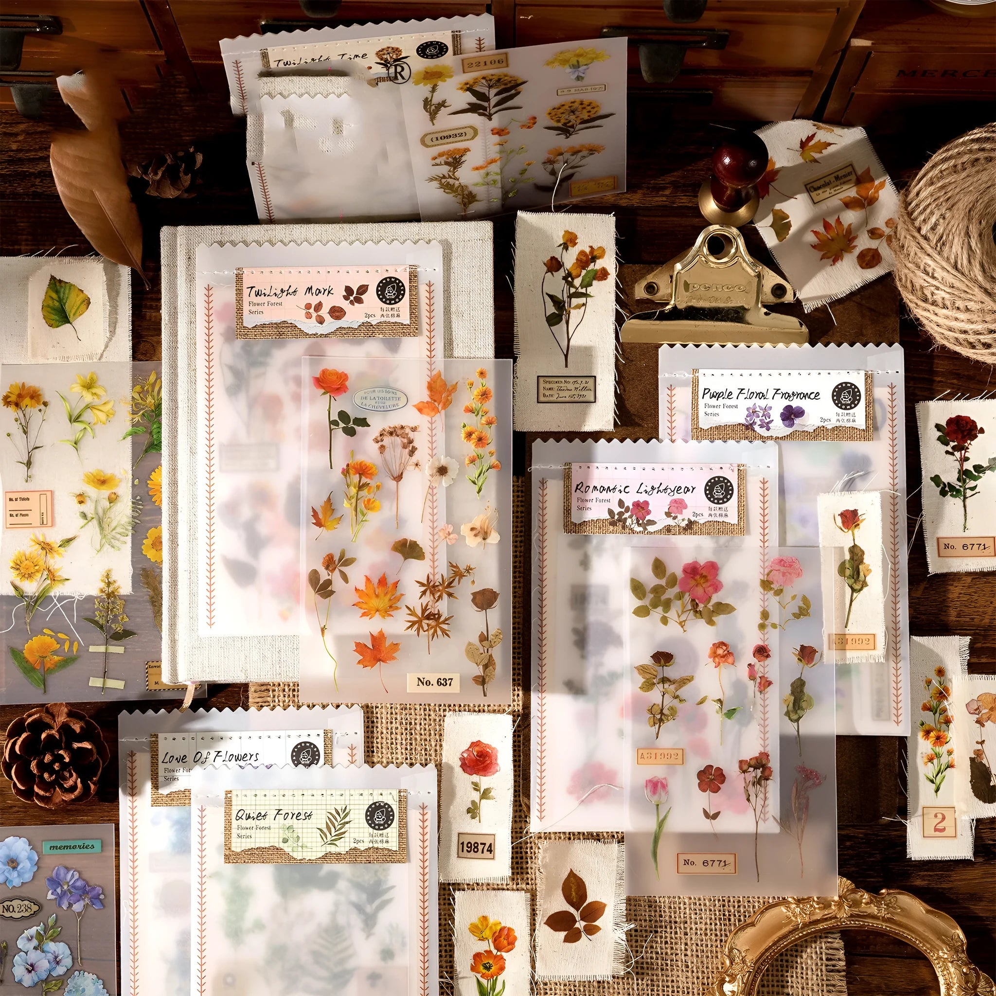 Huazhisen Series art sticker label pack showing six floral and forest-themed colour options on 85mm by 180mm sheets.