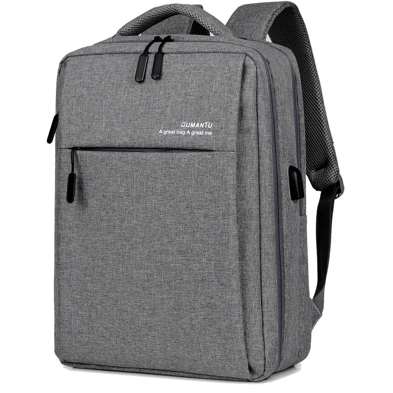 Black waterproof Oxford cloth laptop backpack with shoulder straps and built-in rechargeable power bank.