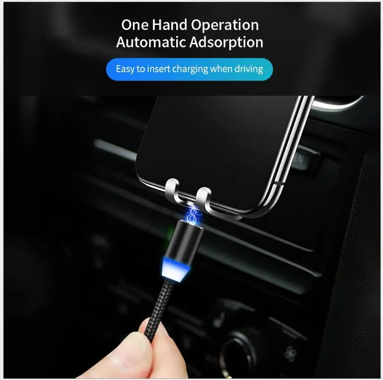 YBD black magnetic LED charging cable with cotton weave, aluminium shell, and LED light shown next to a smartphone.