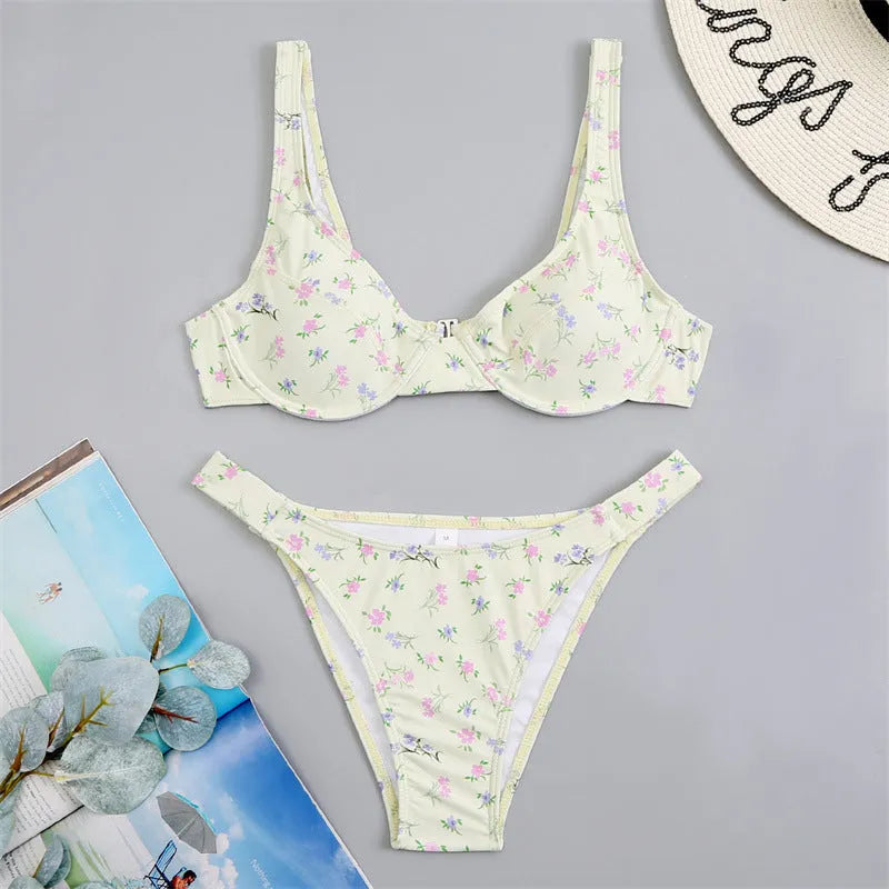 Floral yellow bikini swimsuit with high-waist briefs on white background, women's nylon quick-dry swimwear