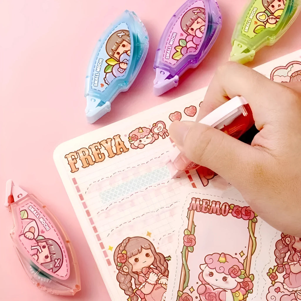 Dotting glue in plastic container with juice colours: peach, lemon, blueberry, butter, grape on cute card.