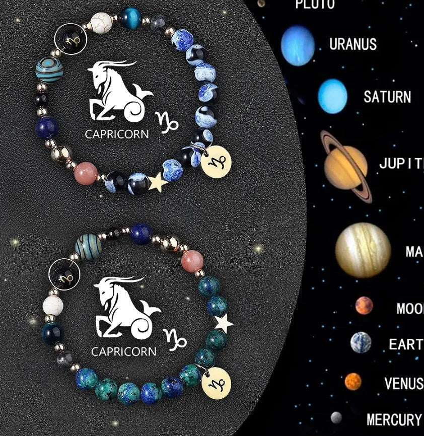 Set of two natural stone beaded zodiac bracelets on a stretch elastic cord.