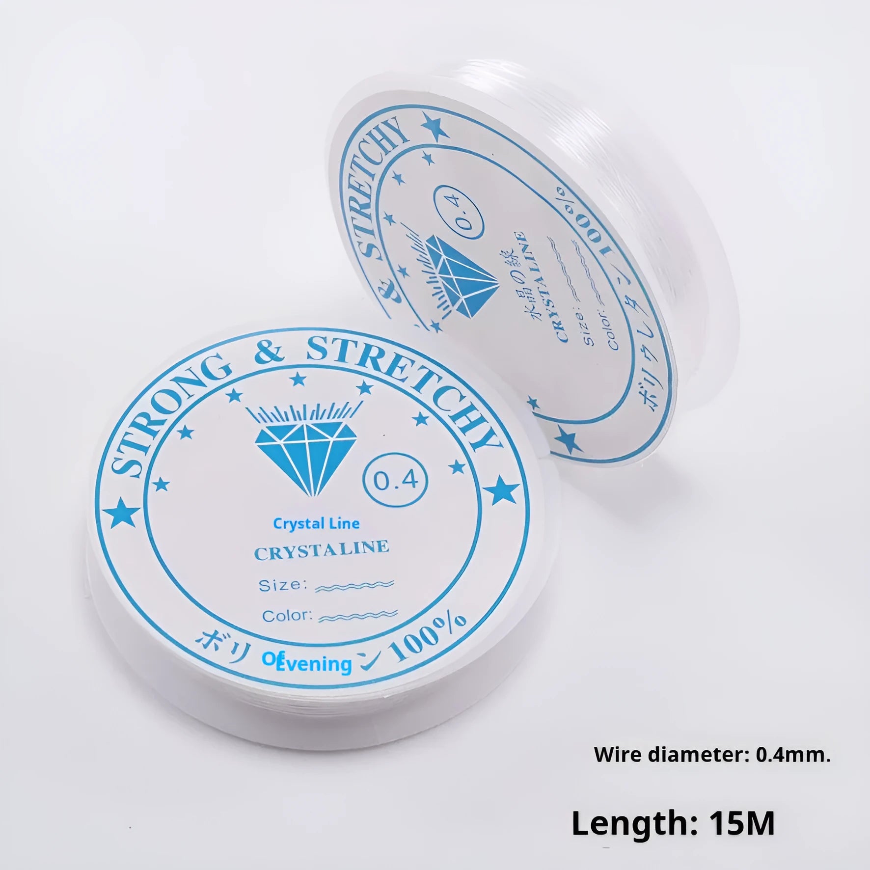 Roll of transparent white elastic fishing line cord for DIY jewellery making, showing six diameter size options.