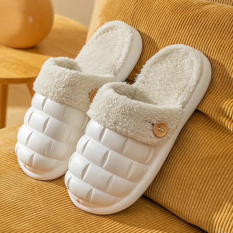 Plaid detachable slippers showing EVA construction and plush lining in pink, green, yellow, white, grey, or black.