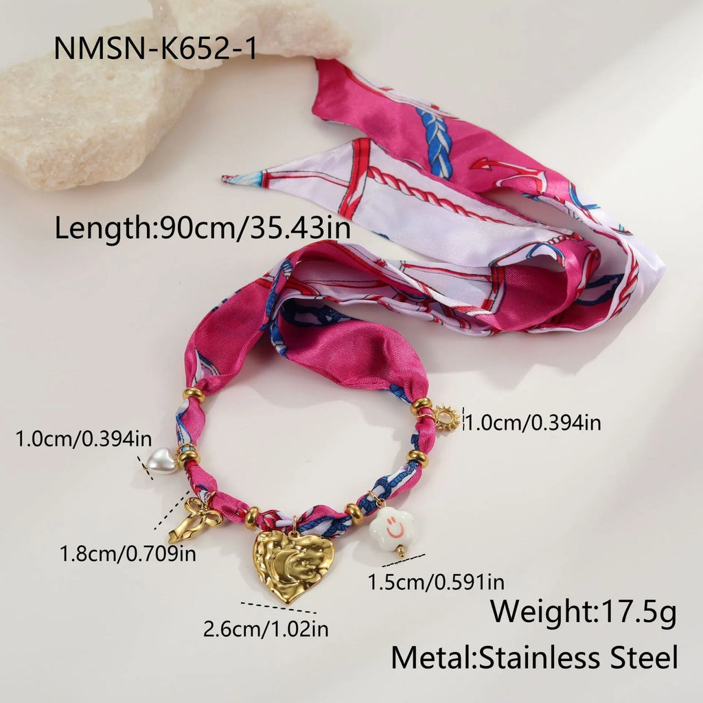 Colourful silk scarf series stainless steel necklace and bracelet set with gold electroplated love pendant geometric design