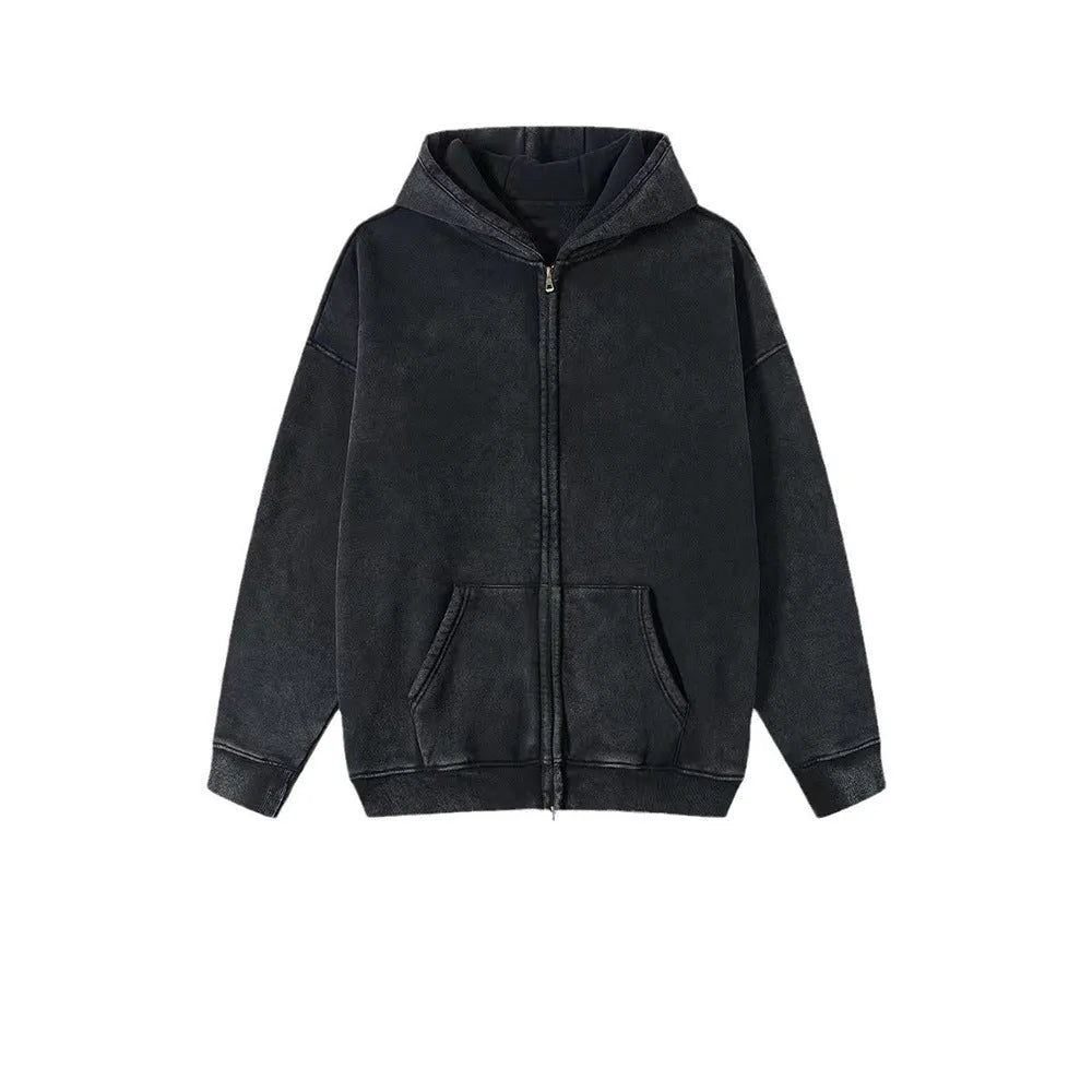 Men's vintage-style hooded cardigan sweater with a double zipper and fleece lining in a washed dark green colour.
