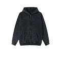Men's vintage-style hooded cardigan sweater with a double zipper and fleece lining in a washed dark green colour.