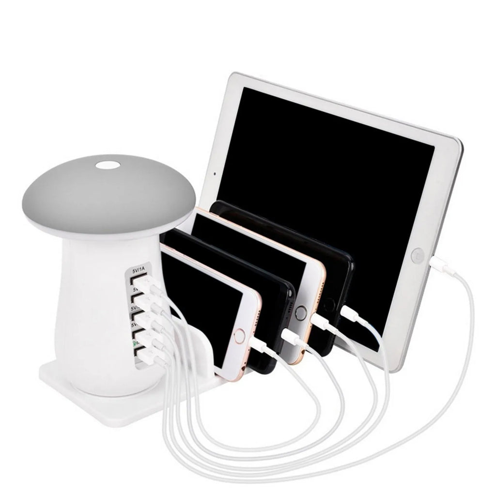 White 5-port USB charging dock station with integrated mushroom-shaped LED night light on a desk