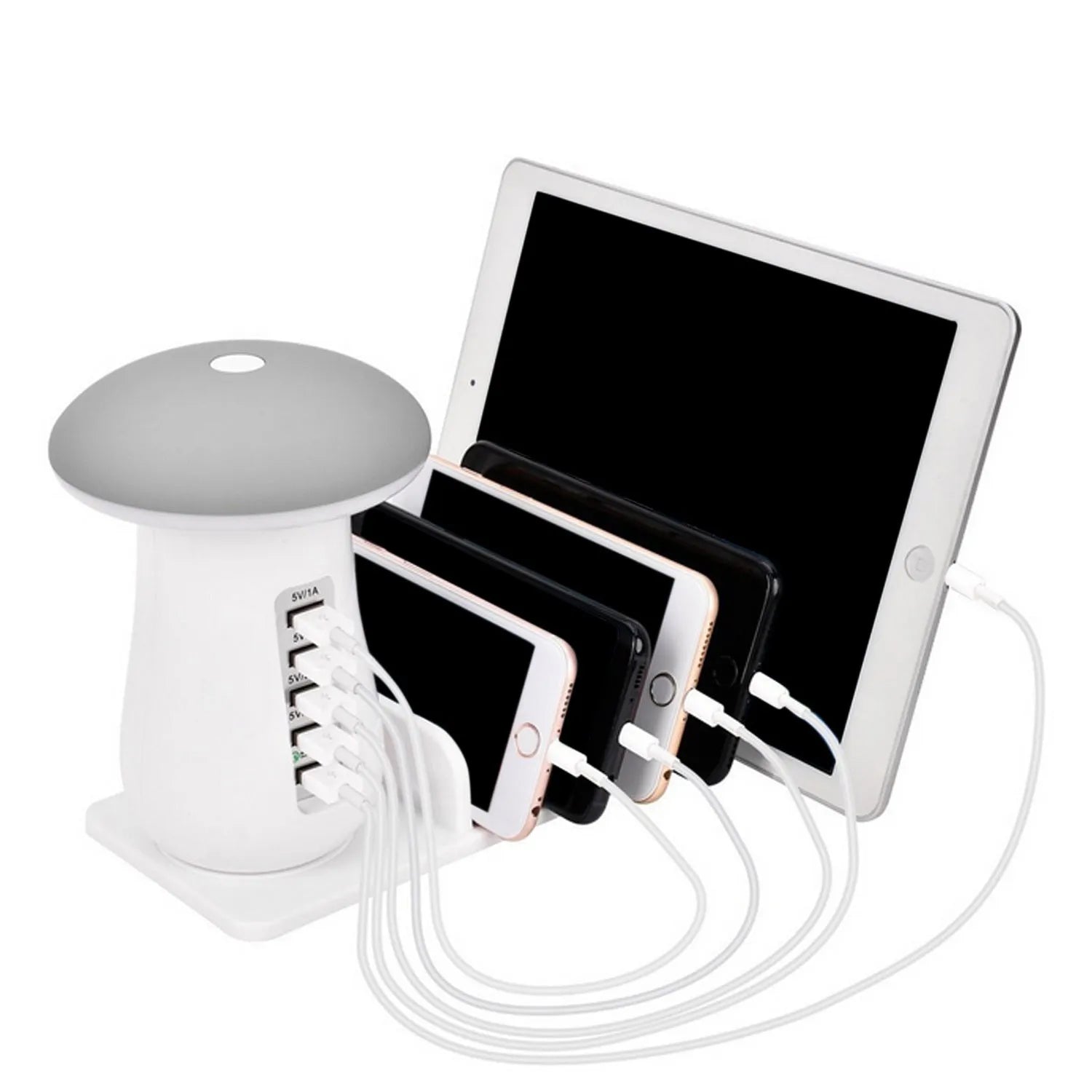 White 5-port USB charging dock station with integrated mushroom-shaped LED night light on a desk
