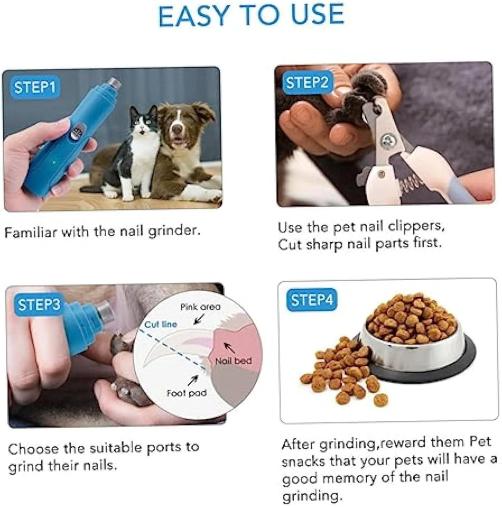 Blue electric pet nail grinder with diamond head on white background, 15.3 cm long
