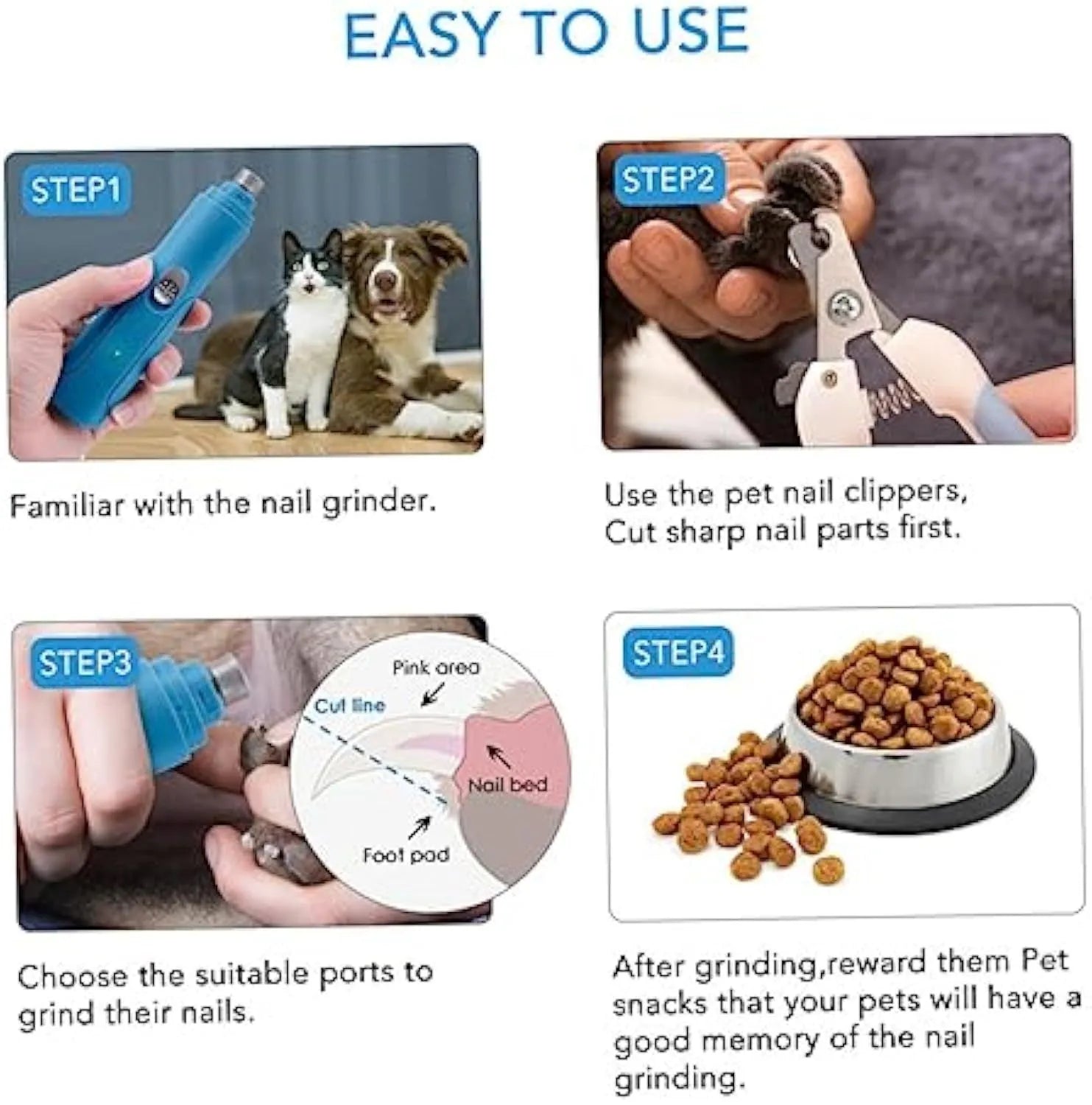 Blue electric pet nail grinder with diamond head on white background, 15.3 cm long