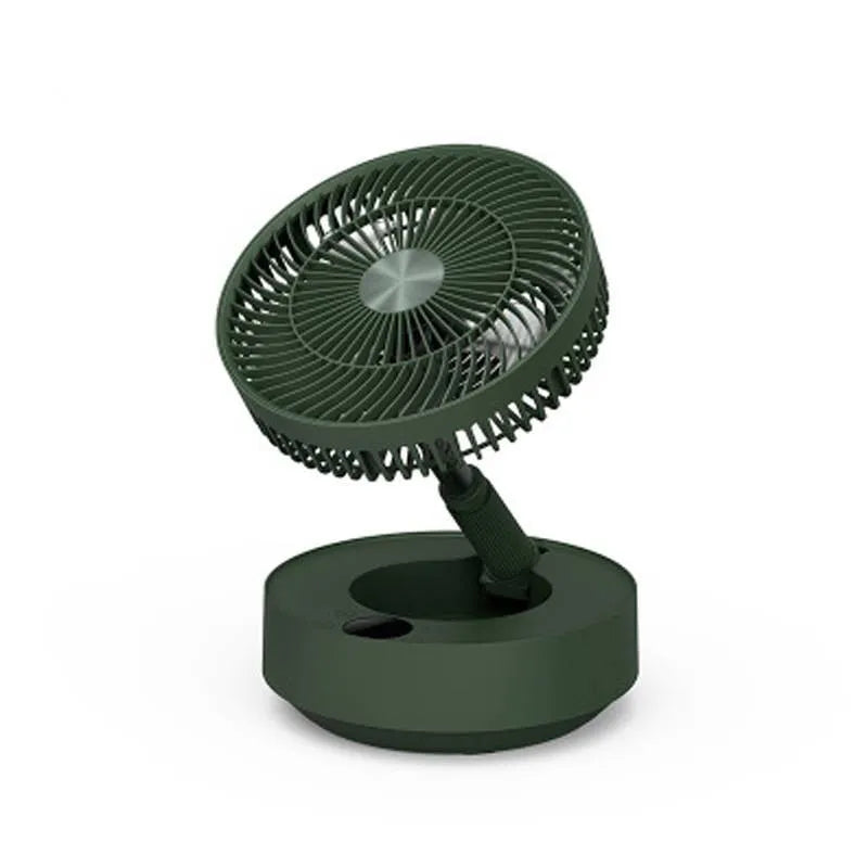 Green telescopic storage floor electric fan showing desktop and extended floor-standing configurations with remote control