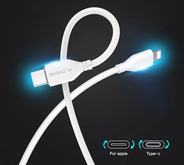White nylon-braided USB-C to Lightning cable measuring 1 metre with aluminium connectors