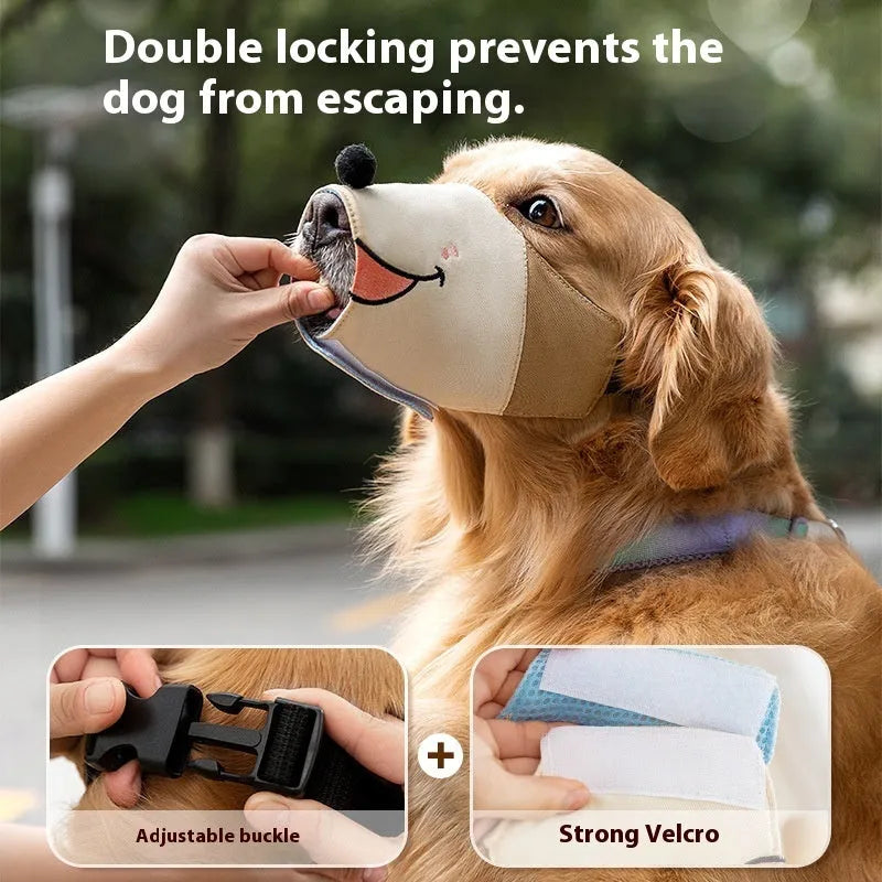 Canvas dog muzzle mouth cover in Ollie Brown Bear design showing size comparison for dogs 3kg to 50kg