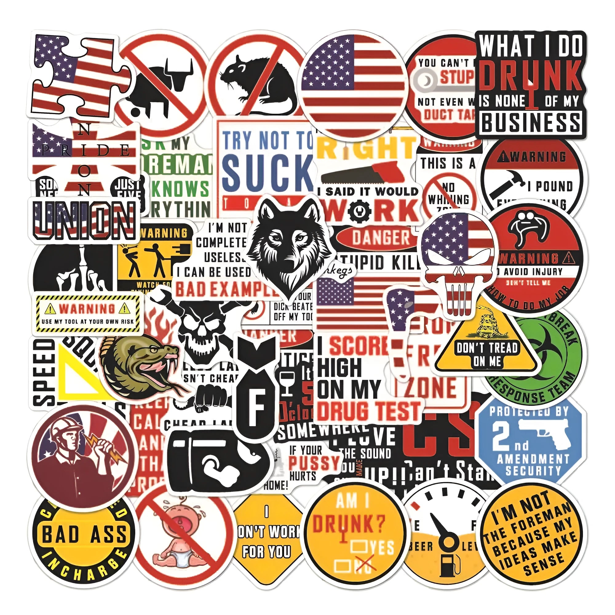 Pack of 50 waterproof PVC warning stickers for motorcycle helmets and skateboards featuring four-colour graffiti style printing