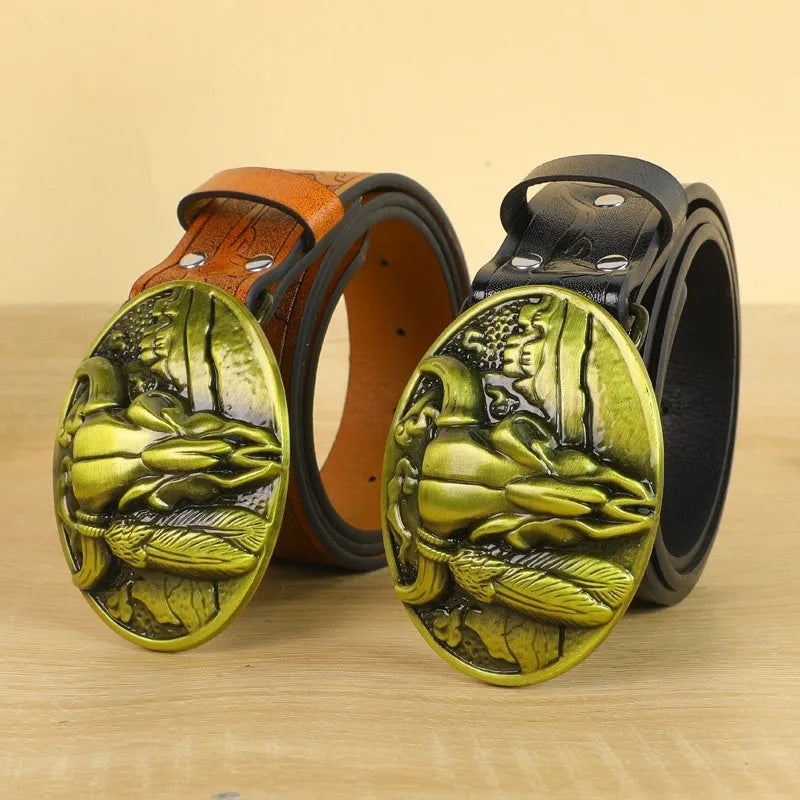 Men's black cow head buckle belt with detailed alloy casting on an imitation leather strap.