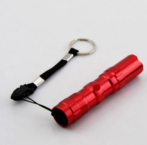 Black aluminium alloy mini LED flashlight showing compact size next to a AA battery for scale.