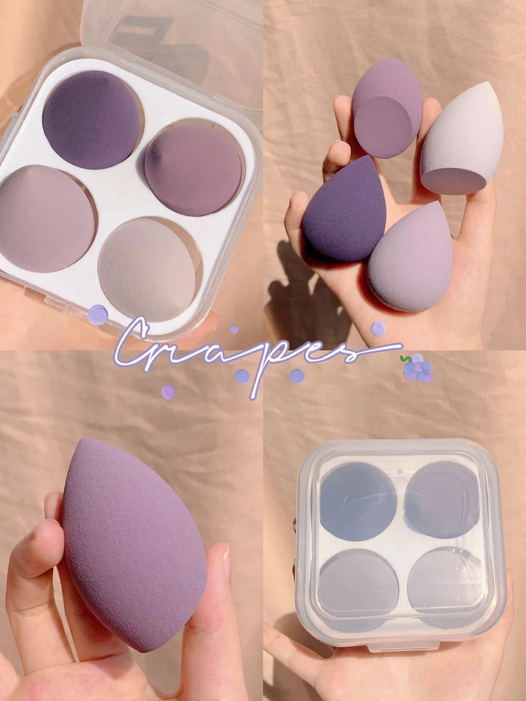 Cube-shaped plastic makeup sponge storage case containing four coloured synthetic beauty egg sponges.