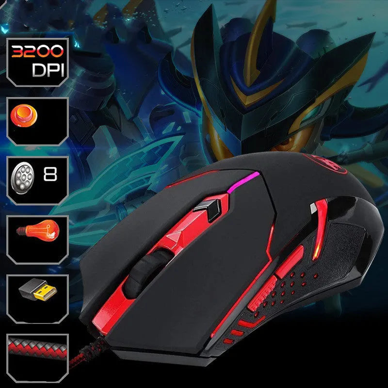 Black and red wired USB gaming mouse with six buttons and scroll wheel on a desk.