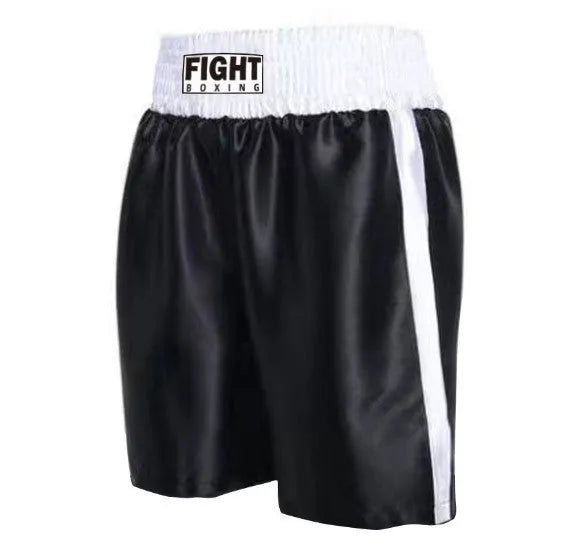 Boxing shorts for kick boxing training in various colour combinations like black and white striped, black and gold, and black and red.
